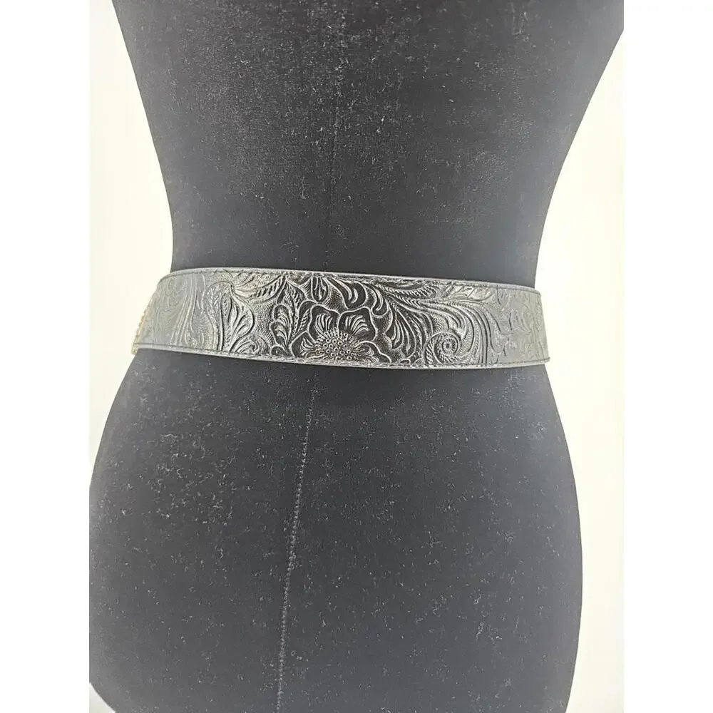 Chico's‎ Women's Leather Belt Small Black Animal Print Gold Buckle